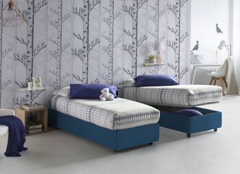 Lit simple Dmora Ilaria, Lit coffre avec revêtement en tissu, Made in Italy, Ouverture frontale, adapté au matelas cm 90x190, Bleu 1