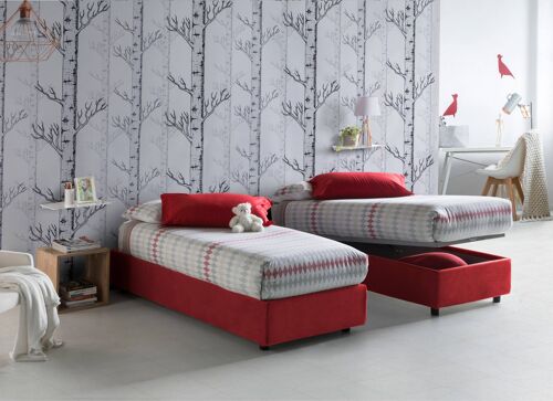 Dmora Letto singolo Laura, Letto contenitore con rivestimento in tessuto, Made in Italy, Apertura frontale, adatto per materasso cm 90x200, Rosso