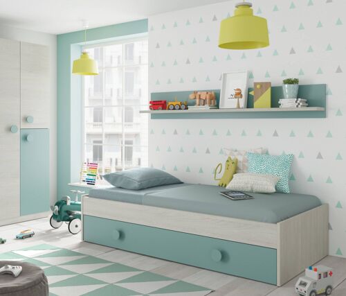 Buy wholesale Dmora Lubbock single bed, Bed frame for bedroom, Single bed  with pull-out bed or chest of drawers and matching shelf, cm 199x95h65,  White and Aqua green