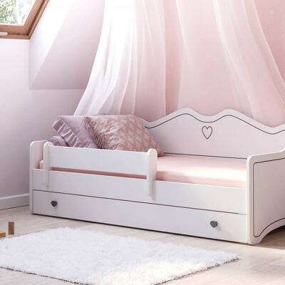 Dmora Letto singolo per bambini decorato, Lettino decorato con protezione anticaduta per cameretta, cm 164x85h70, colore Bianco e Grigio