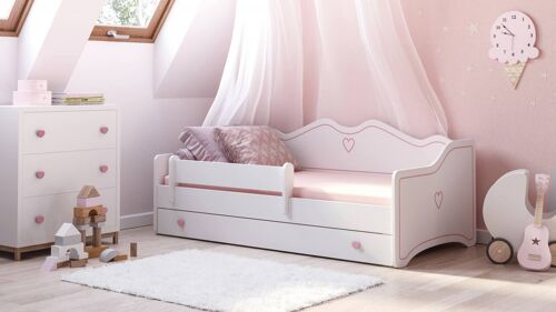 Dmora Letto singolo per bambini decorato, Lettino decorato con protezione anticaduta per cameretta, cm 164x85h70, colore Bianco e Rosa