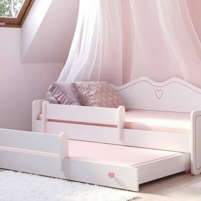 Dmora Letto singolo per bambini, Divano letto con secondo lettino estraibile, Lettino con decorazione con protezione anticaduta, cm 164x88h70, colore Bianco e Rosa