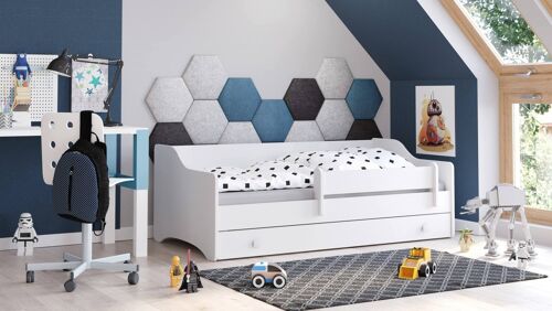 Dmora Letto singolo per bambini, Lettino con protezione anticaduta per cameretta, cm 164x85h60, colore Bianco