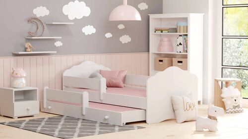 Dmora Letto singolo per bambini, Lettino con secondo lettino estraibile, Testiera a "nuvola" e protezione anticaduta, cm 164x88h63, colore Bianco