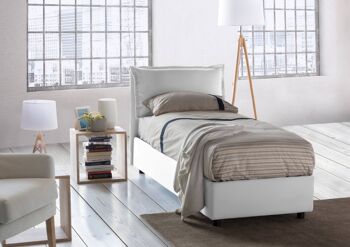 Lit simple Dmora Roberta, Lit coffre avec revêtement en tissu, Fabriqué en Italie, Ouverture latérale, avec matelas 80x190 cm inclus, Blanc 1