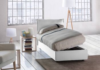 Lit simple Dmora Roberta, Lit coffre avec revêtement en tissu, Fabriqué en Italie, Ouverture latérale, avec matelas 80x190 cm inclus, Blanc 2