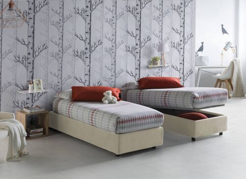 Dmora Letto singolo Sophia, Letto contenitore con rivestimento in tessuto, Made in Italy, Apertura frontale, con materasso cm 90x190 incluso, Beige