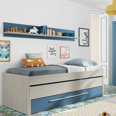 Dmora Letto singolo Sunnyvale, Struttura letto per cameretta, Letto singolo con lettino estraibile e cassettone e mensola abbinata, cm 199x96h65, Bianco e Blu