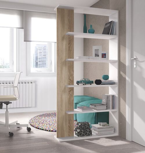 Dmora Libreria Columbia, Mobile portalibri bifacciale a 5 ripiani, Scaffale divisorio da ufficio o cameretta, cm 90x25h180, Bianco e Rovere