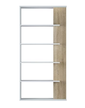 Bibliothèque Dmora Columbia, Bibliothèque double face avec 5 étagères, Étagère de séparation de bureau ou de chambre, 90x25h180 cm, Blanc et Chêne 5