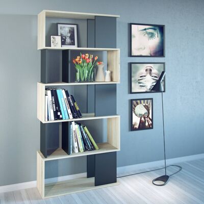Dmora Libreria con cinque ripiani asimmetrici, colore rovere e nero, Misure 80 x 175 x 29 cm
