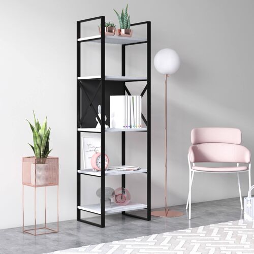 Dmora Libreria con cinque ripiani sviluppata in altezza, cm 48 x 35 x 160, colore bianco e antracite