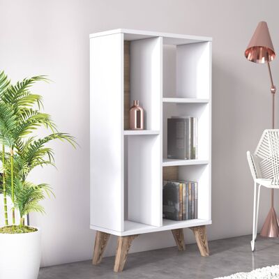 Dmora Libreria essenziale con cinque scomparti aperti di diverse misure, cm 55 x 25 x 106, colore bianco con dettaglio noce