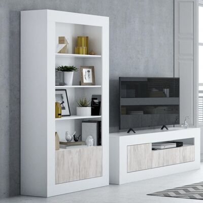 Dmora Libreria Lexington, Mobile portalibri moderna a 2 ante e 3 ripiani, Scaffale moderno, Credenza alta con scomparti, cm 181x35h94, Bianco lucido