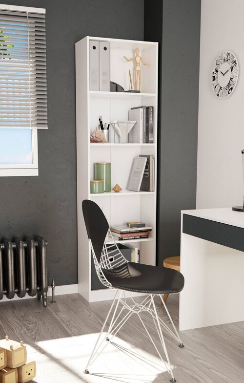 Dmora Libreria Pomona, Mobile portalibri alta a 5 ripiani, Scaffale da ufficio o cameretta, Scaffale moderno con scomparti, cm 52x25h80, Bianco