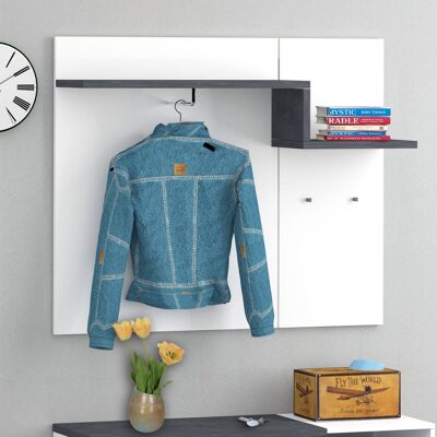 Dmora Mobile appendiabiti da ingresso, Made in Italy, con ganci e tubo per appendini, Entratina moderna, cm 120x30h100, Bianco lucido e Grigio Ardesia