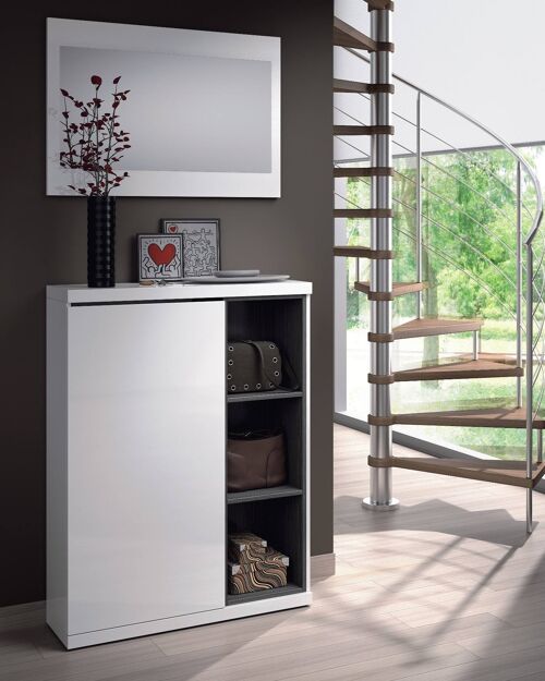 Dmora Mobile da ingresso Durham, Entratina portascarpe con specchio, Mobile scarpiera con 3 ripiani per entrata, cm 79x25h167, Bianco e Grigio cenere