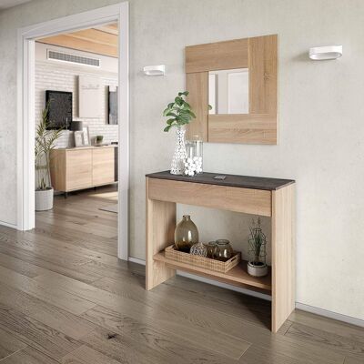 Dmora Mobile da ingresso Gilbert, Entratina con specchio, Mobile con cassetto e ripiano per entrata, Armadio moderno per atrio, cm 92x33h149, Rovere e Noce