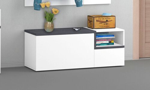 Dmora Mobile da ingresso, Made in Italy, Scarpiera con ripiano, Panca a 2 ante, cm 120x40h54, Bianco lucido e Grigio Ardesia