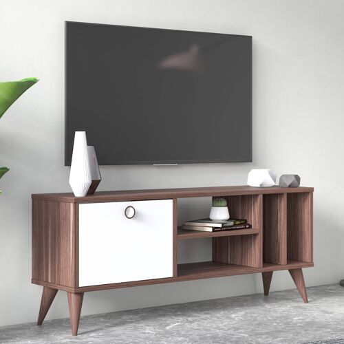 Dmora Mobile da soggiorno porta TV con anta e scomparti, cm 120 x 30 x 49, colore noce con dettaglio bianco
