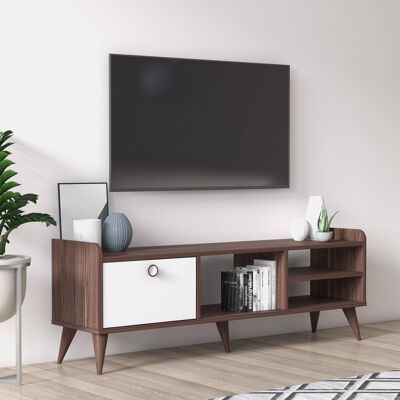 Dmora Mobile da soggiorno porta TV con un'anta a ribalta e scomparti, cm 140 x 35 x 49, colore noce con dettaglio bianco