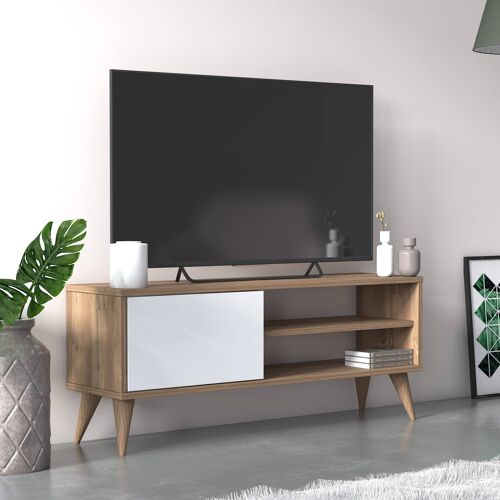 Dmora Mobile da soggiorno porta TV con un'anta battente e scomparti, cm 110 x 30 x 45, colore rovere con dettaglio bianco