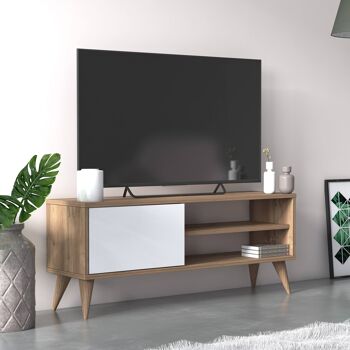 Dmora Meuble TV de salon avec une porte battante et des compartiments, 110 x 30 x 45 cm, couleur chêne avec détail blanc 1
