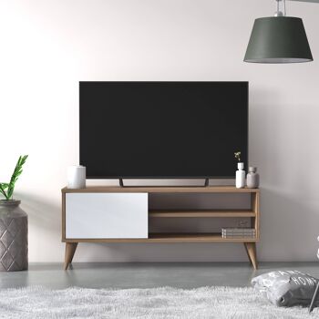 Dmora Meuble TV de salon avec une porte battante et des compartiments, 110 x 30 x 45 cm, couleur chêne avec détail blanc 5