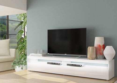 Dmora Mobile da soggiorno Porta TV, Made in Italy, Credenza per TV a 1 anta a ribalta e ripiani, cm 200x45h36, Bianco lucido, con luce LED bianca