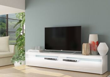 Dmora Meuble TV de salon, Made in Italy, Meuble TV avec 1 porte abattante et étagères, 200x45h36 cm, Blanc brillant, avec lumière LED blanche 1