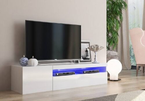 Dmora Mobile da soggiorno Porta TV, Made in Italy, Credenza per TV a 2 ante, Porta TV da salotto, cm 150x40h37, Bianco lucido, con luce LED blu