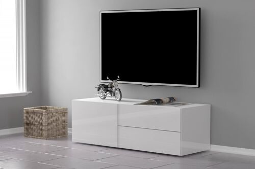 Dmora Mobile da soggiorno Porta TV, Made in Italy, Credenza per TV da salotto a 1 anta e 2 cassetti, cm 110x40h35, Bianco lucido