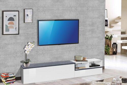 Dmora Mobile da soggiorno Porta TV, Made in Italy, Credenza per TV da salotto a 2 ante e ripiano, cm 240x40h50, colore Bianco lucido e Grigio Ardesia