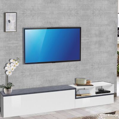 Dmora Mobile da soggiorno Porta TV, Made in Italy, Credenza per TV da salotto a 2 ante e ripiano, cm 240x40h50, colore Bianco lucido e Grigio Ardesia