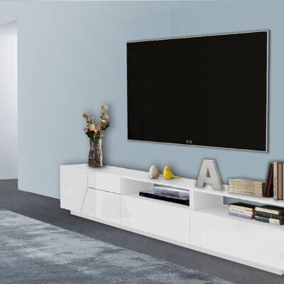 Dmora Mobile da soggiorno Porta TV, Made in Italy, Credenza per TV da salotto a 2 ante geometriche e 2 cassetti, Cm 200x43h46, Bianco lucido