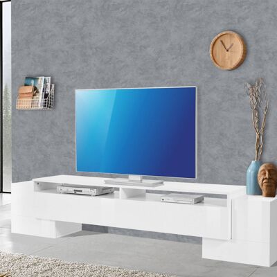 Dmora Mobile da soggiorno Porta TV, Made in Italy, Credenza per TV da salotto a 3 ante e ripiani, cm 210x45h45, Bianco lucido