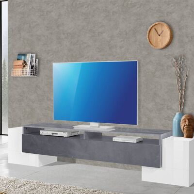 Dmora Mobile da soggiorno Porta TV, Made in Italy, Credenza per TV da salotto a 3 ante e ripiani, cm 210x45h45, colore Bianco lucido e Grigio Cenere