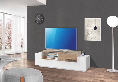 Dmora Mobile da soggiorno Porta TV, Made in Italy, Credenza per TV da salotto a 3 ante, cm 160x45h51, Bianco lucido e Acero