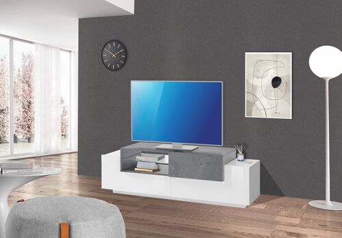 Dmora Mobile da soggiorno Porta TV, Made in Italy, Credenza per TV da salotto a 3 ante, cm 160x45h51, Bianco lucido e Grigio Cemento