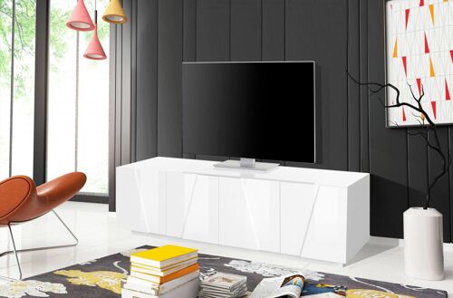 Dmora Mobile da soggiorno Porta TV, Made in Italy, Credenza per TV da salotto a 4 ante con dettaglio, cm 162x44h46, Bianco lucido