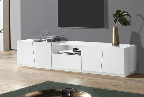 Dmora Mobile da soggiorno Porta TV, Made in Italy, Credenza per TV da salotto a 4 ante e 1 cassetto, cm 220x43h46, Bianco lucido