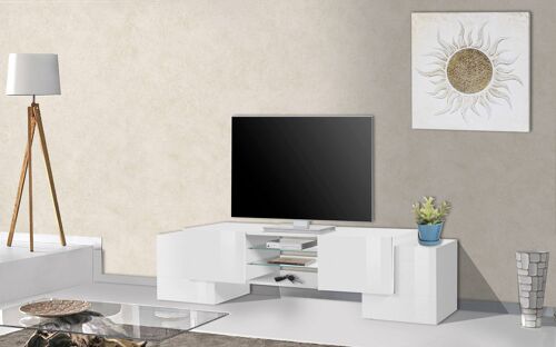 Dmora Mobile da soggiorno Porta TV, Made in Italy, Credenza per TV da salotto a 4 ante e ripiani, cm 190x45h45, Bianco lucido