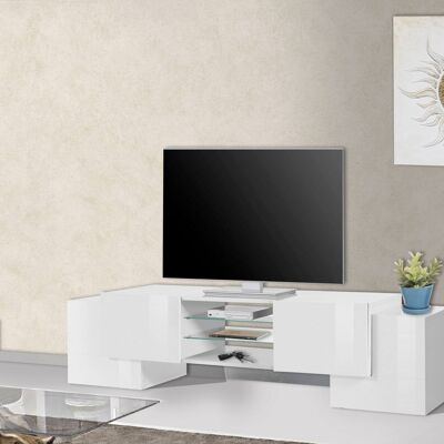 Dmora Mobile da soggiorno Porta TV, Made in Italy, Credenza per TV da salotto a 4 ante e ripiani, cm 190x45h45, Bianco lucido