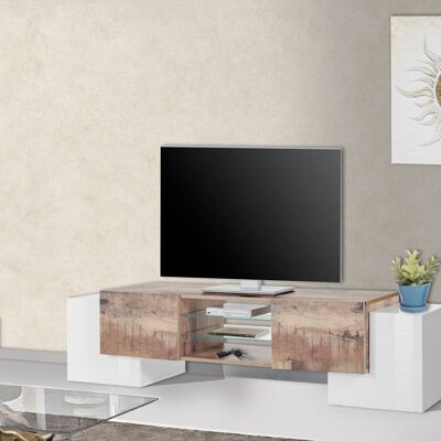 Dmora Mobile da soggiorno Porta TV, Made in Italy, Credenza per TV da salotto a 4 ante e ripiani, cm 190x45h45, Bianco lucido e Acero