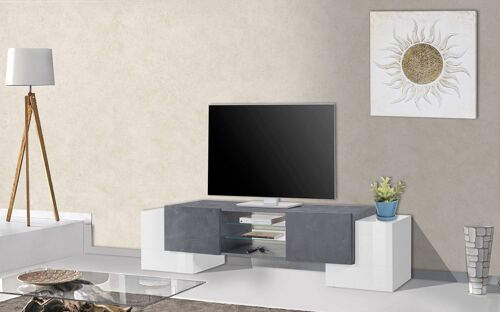 Dmora Mobile da soggiorno Porta TV, Made in Italy, Credenza per TV da salotto a 4 ante e ripiani, cm 190x45h45, colore Bianco lucido e Grigio Cenere