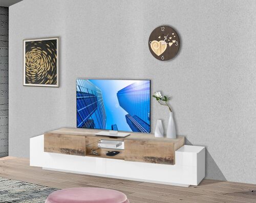 Dmora Mobile da soggiorno Porta TV, Made in Italy, Credenza per TV da salotto a 4 ante e ripiani, cm 220x45h51, Bianco lucido e Acero