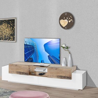 Dmora Mobile da soggiorno Porta TV, Made in Italy, Credenza per TV da salotto a 4 ante e ripiani, cm 220x45h51, Bianco lucido e Acero