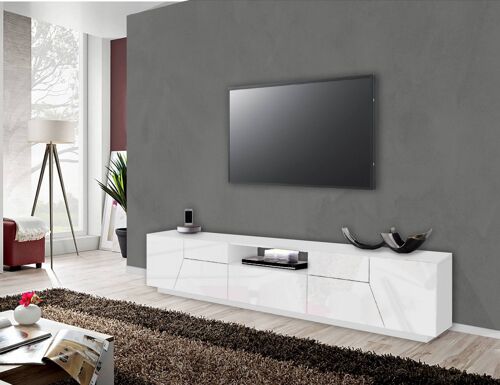 Dmora Mobile da soggiorno Porta TV, Made in Italy, Credenza per TV da salotto a 4 ante geometriche e 1 cassetto, Cm 220x43h46, Bianco lucido