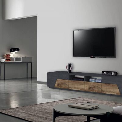 Dmora Mobile da soggiorno Porta TV, Made in Italy, Credenza per TV da salotto a 4 ante geometriche e 2 cassetti, Cm 260x43h46, Ardesia e Acero