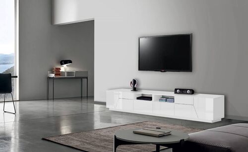 Dmora Mobile da soggiorno Porta TV, Made in Italy, Credenza per TV da salotto a 4 ante geometriche e 2 cassetti, Cm 260x43h46, Bianco lucido